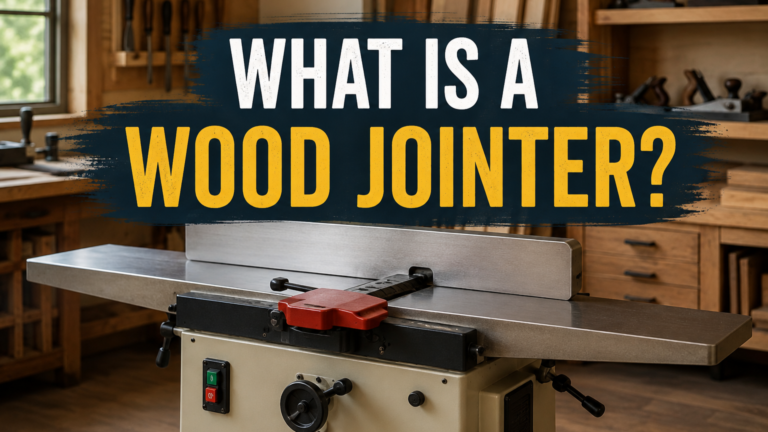 wood jointer in a workshop showing the main machine and work tables