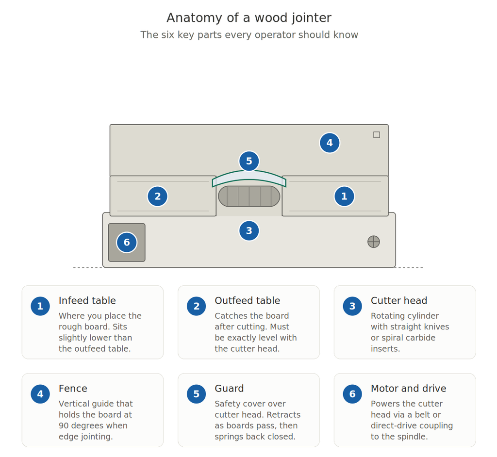 wood jointer parts diagram showing the infeed table, outfeed table, cutter head, fence, guard, and motor