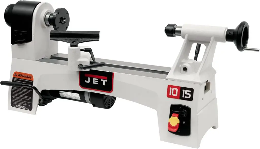 side view of a white jet jwl 1015 wood lathe on a plain white background