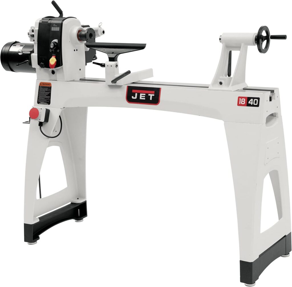 professional grade white jet jwl 1840evs wood lathe with a heavy duty cast iron frame