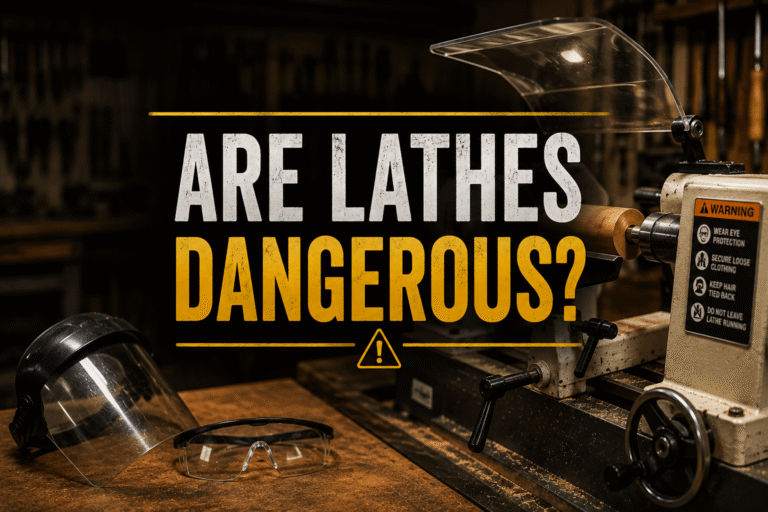 wood lathe and personal protective equipment with text asking are lathes dangerous