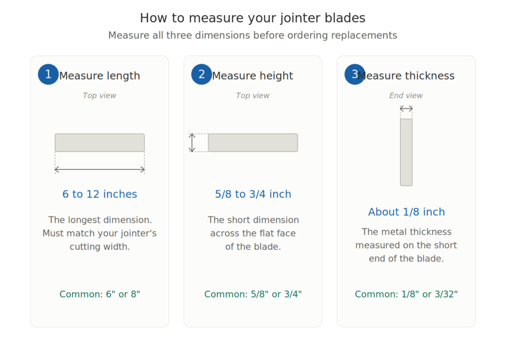 diagram showing how to measure jointer blade length height and thickness