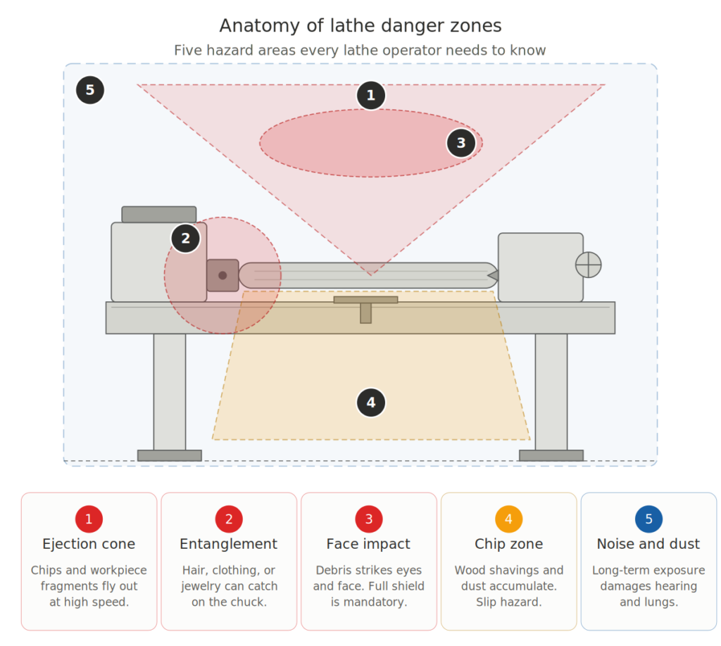 diagram illustrating five lathe danger zones including ejection cone entanglement face impact chip zone noise and dust