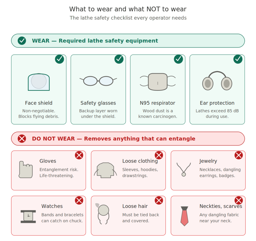 two-section lathe safety checklist. wear section lists four required items. do not wear section lists six items to remove