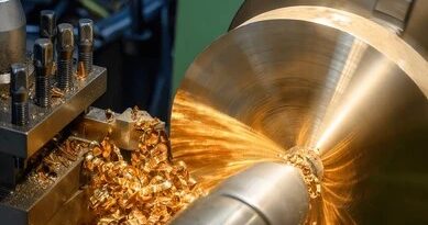 metal lathe cutting a rotating workpiece with flying metal chips during machining operation