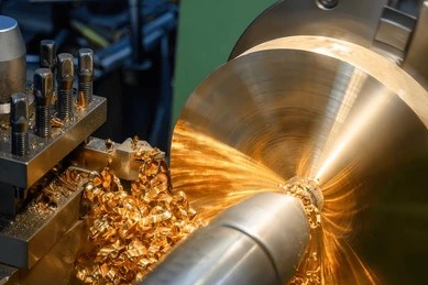 metal lathe cutting a rotating workpiece with flying metal chips during machining operation