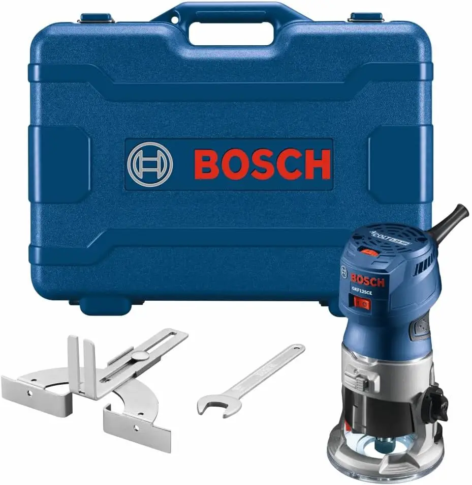 bosch palm router Kit in a blue case with accessories and a wrench