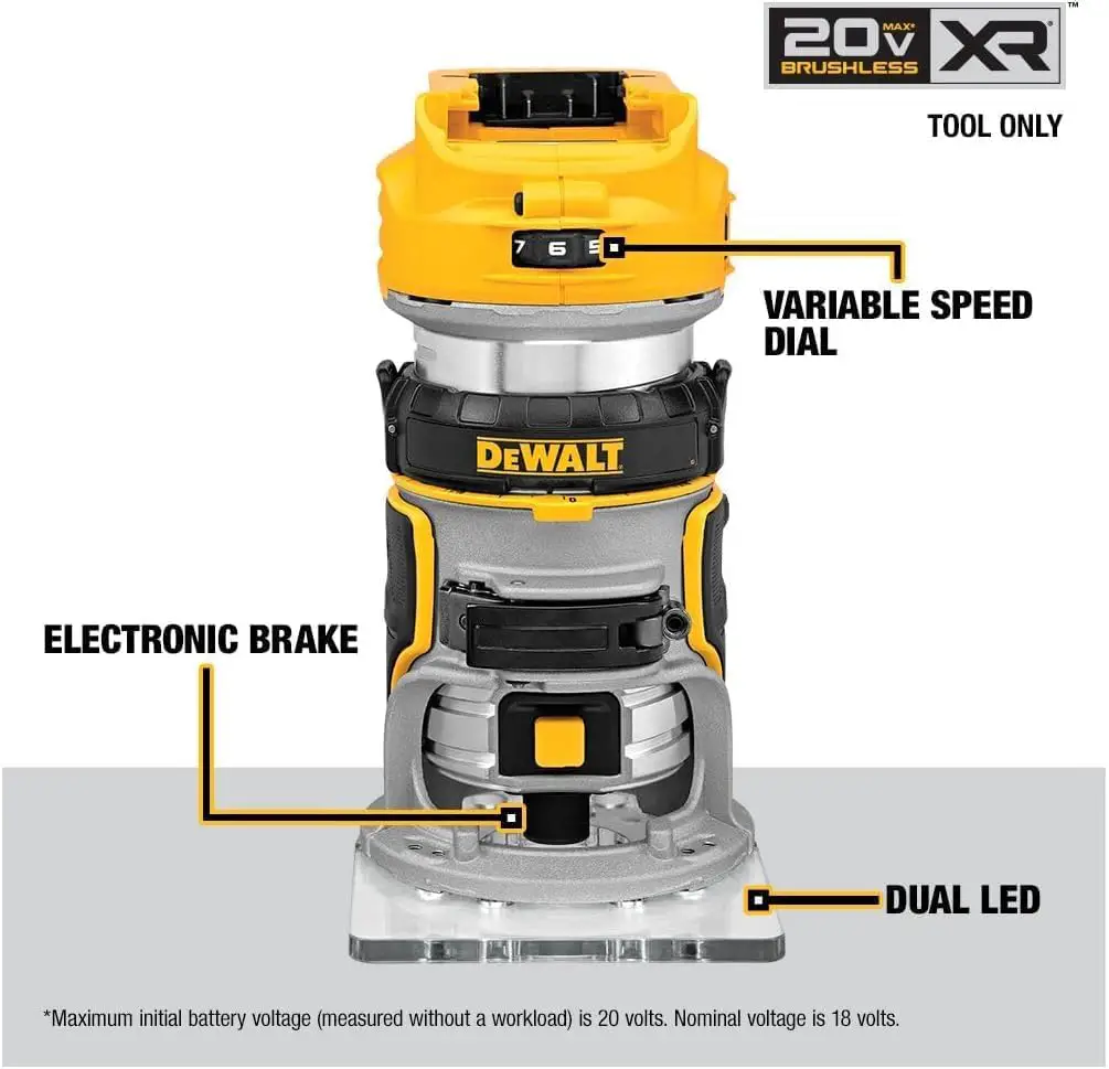 dewalt 20v max xr fixed base router showing variable speed dial, electronic brake, and dual led lights