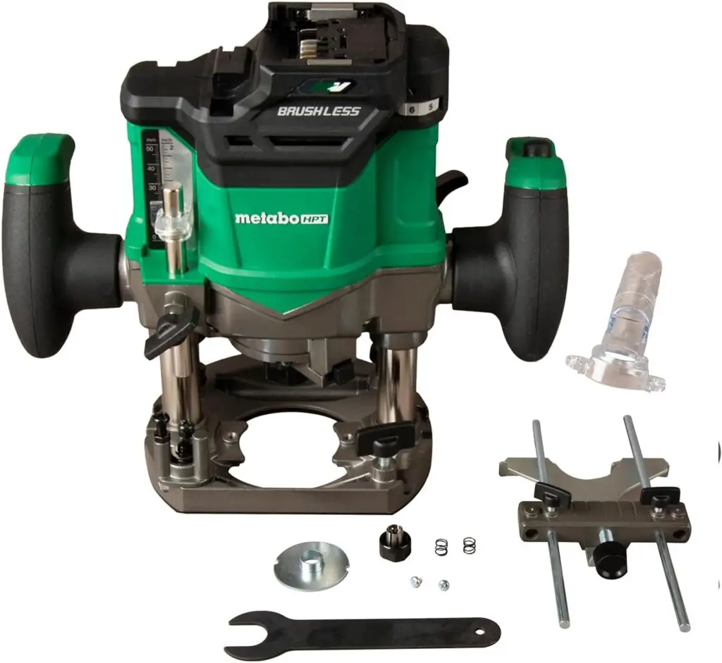 metabo hpt cordless plunge router with adjustable handles, wrench, and edge guide accessories