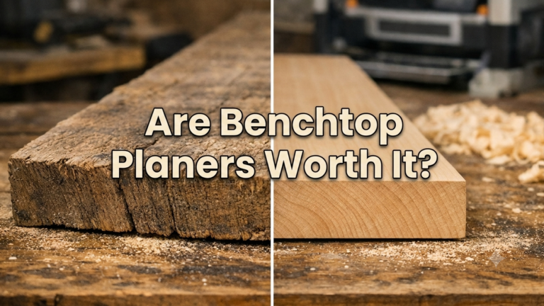 side-by-side view of rough and smooth planed wood by using a benchtop planer