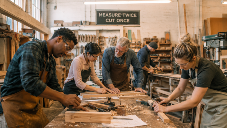woodworkers using hand tools at workbenches in a workshop