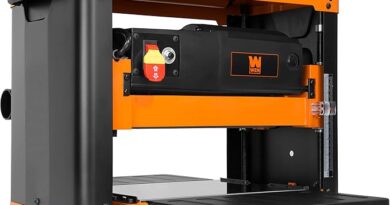 a 13-inch benchtop wen planer featuring an orange and black housing with a precision thickness adjustment crank